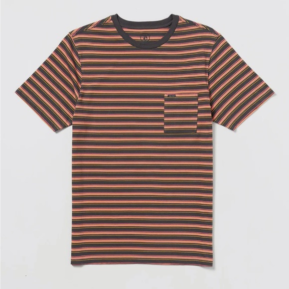 NEW Men Size S Volcom Gray Yellow Pink Stripe Short Sleeve‎ Cotton Tee - Picture 1 of 9